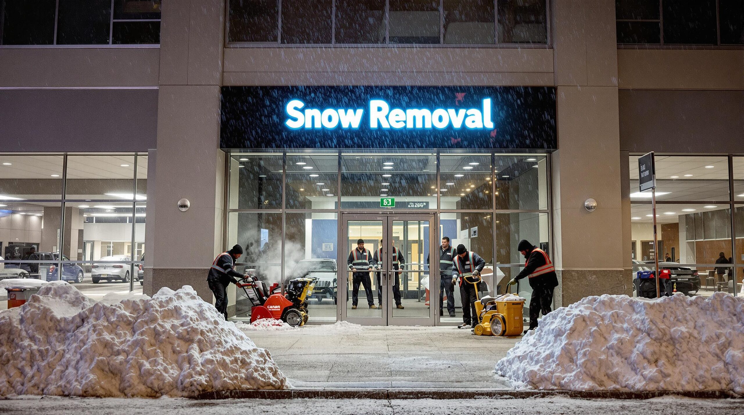 Snow removal workers clearing Calgary business entrance at dawn