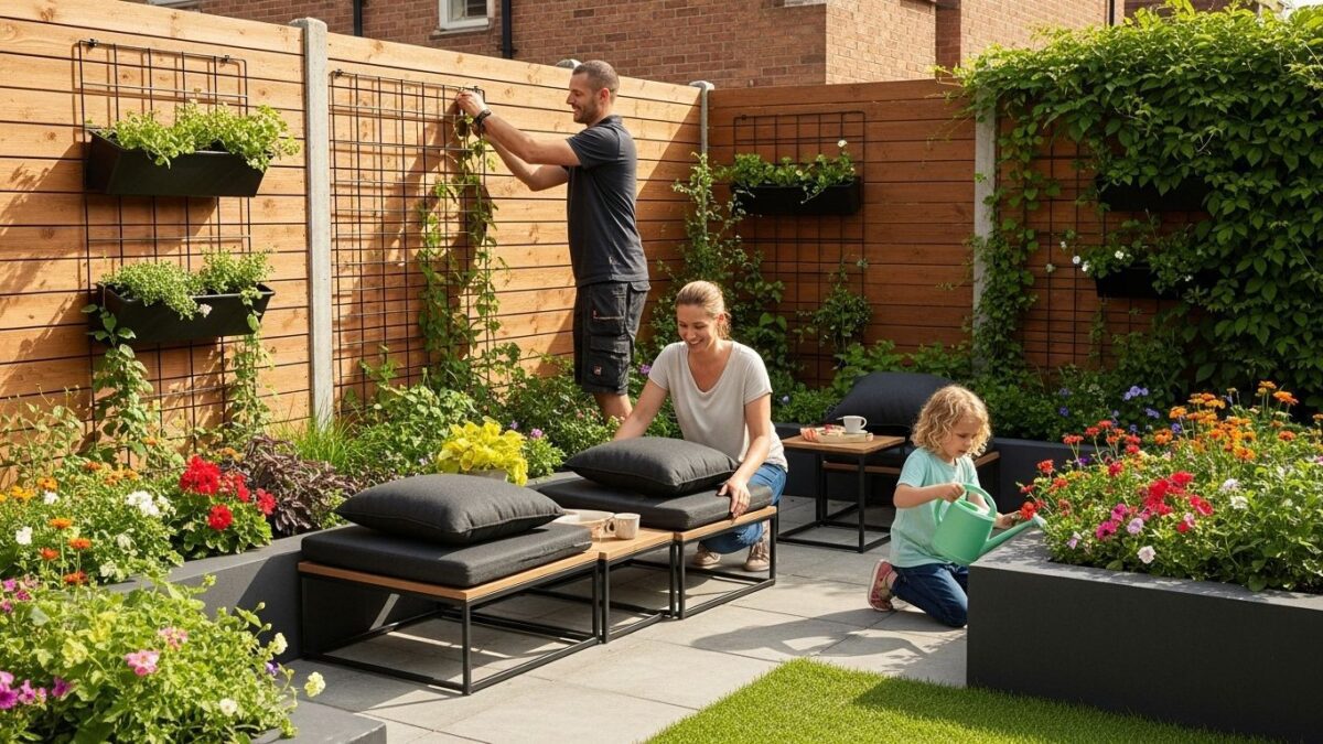 small yard landscape design, family gardening, vertical planters