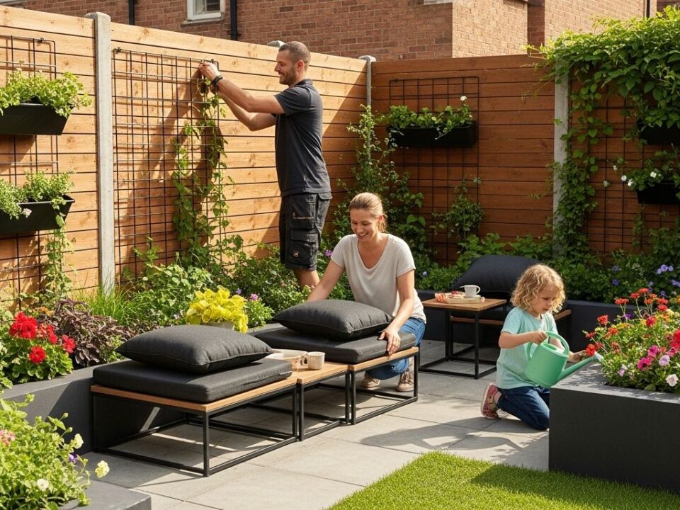 small yard landscape design, family gardening, vertical planters