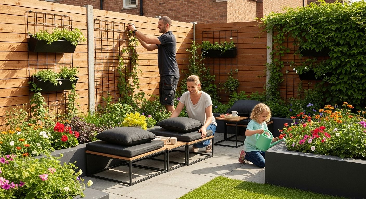 small yard landscape design, family gardening, vertical planters