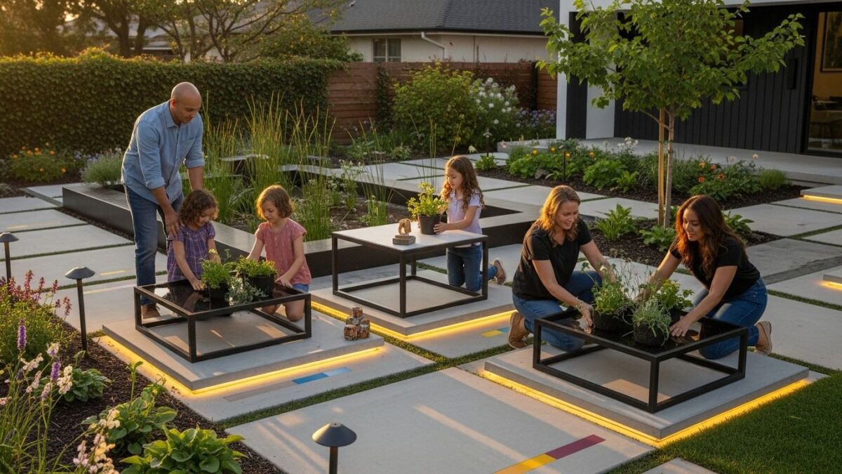 modern front yard, landscaping, family