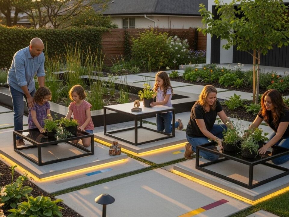 modern front yard, landscaping, family