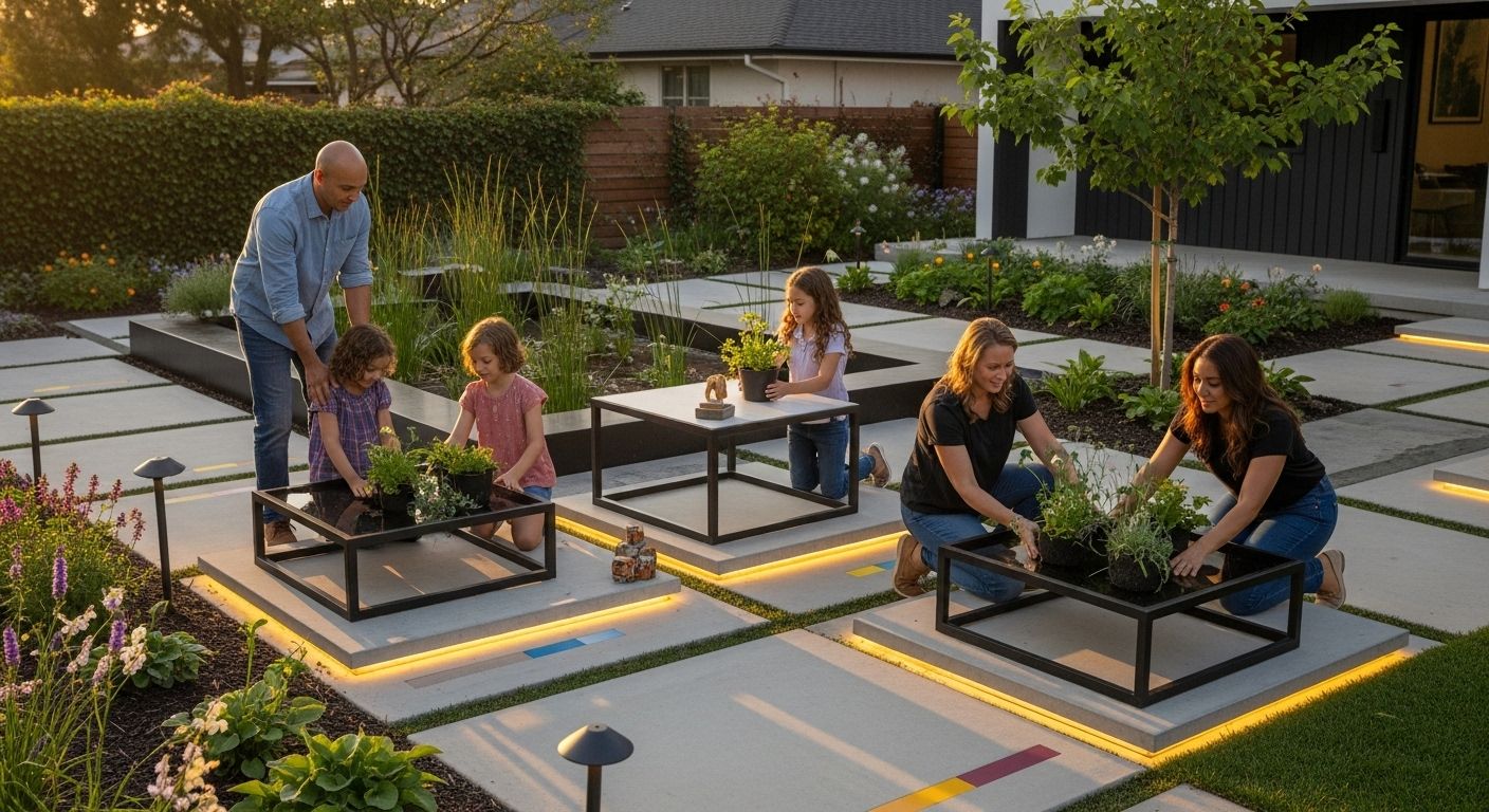 modern front yard, landscaping, family