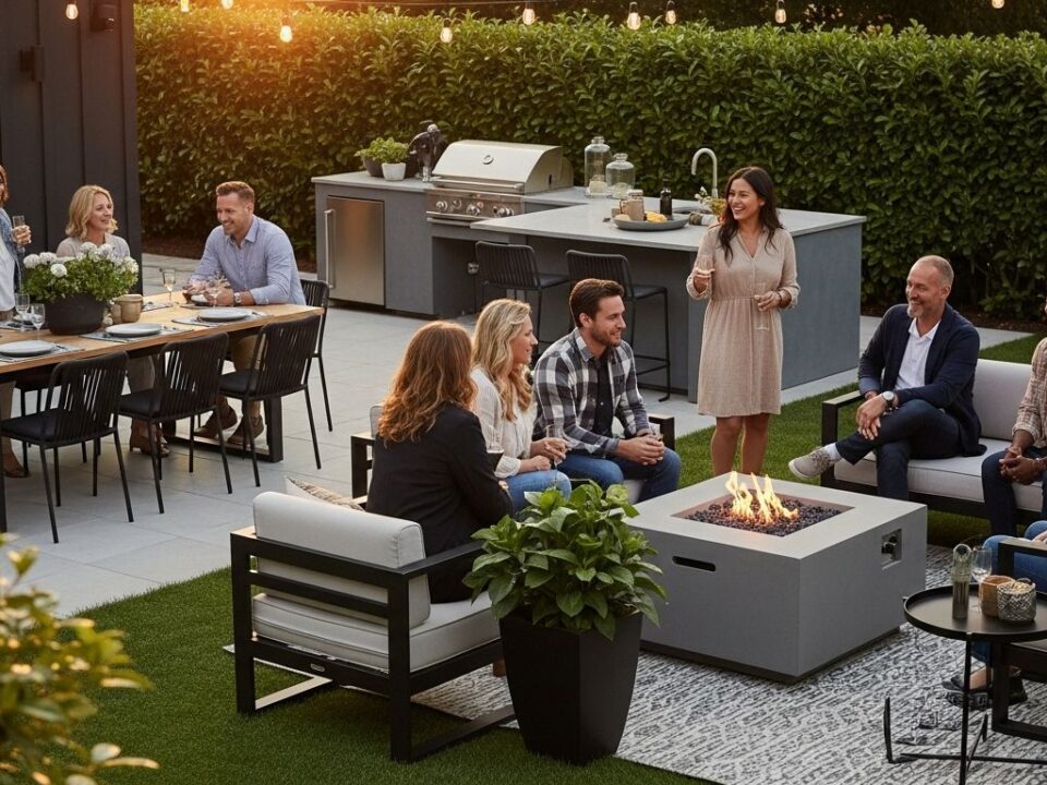 backyard entertaining, outdoor gathering, modern patio