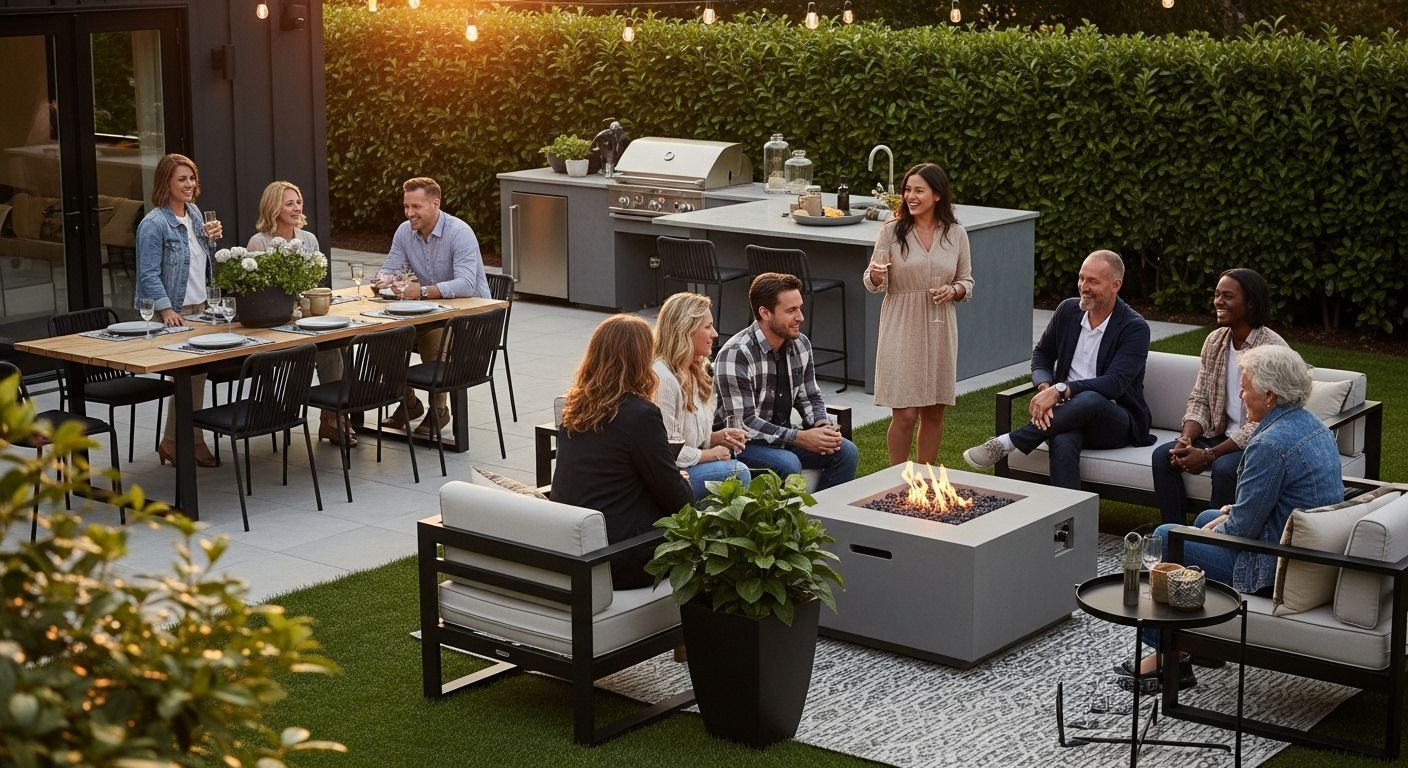 backyard entertaining, outdoor gathering, modern patio